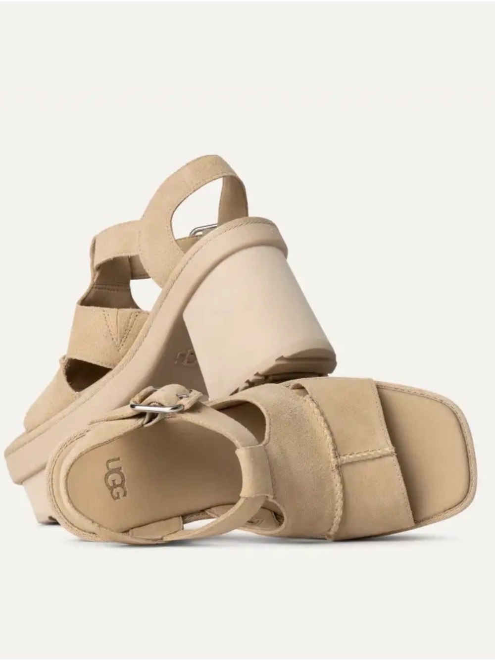UGG New Heights Suede Platform T-Straps Sandal with Buckle.